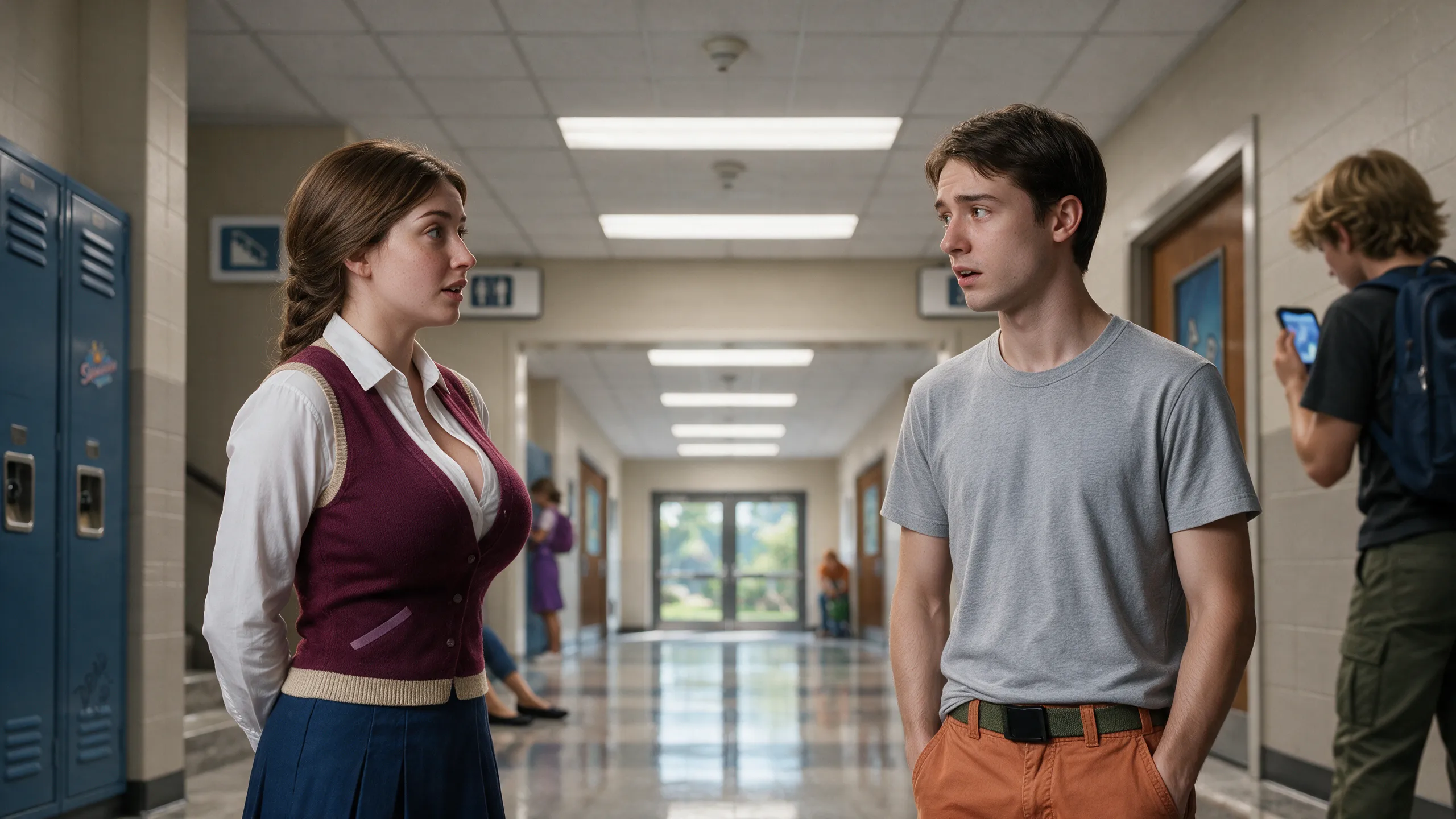 Annie, in a white blouse and maroon vest, talks to Anon by the lockers in the school hallway