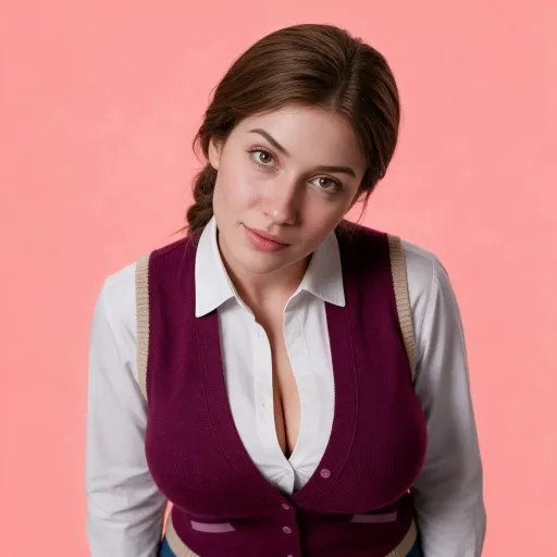 Annie, with brown hair in a side braid, in a burgundy waistcoat over a white blouse, against pink.