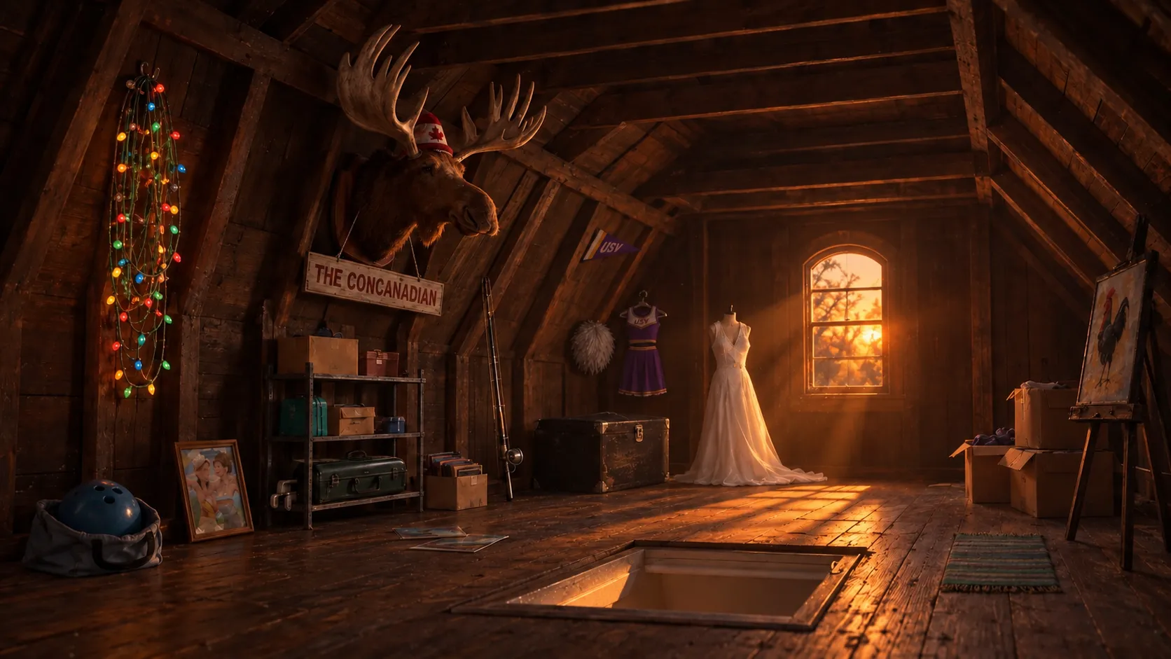 The attic at sunset, light falling through an arched window
