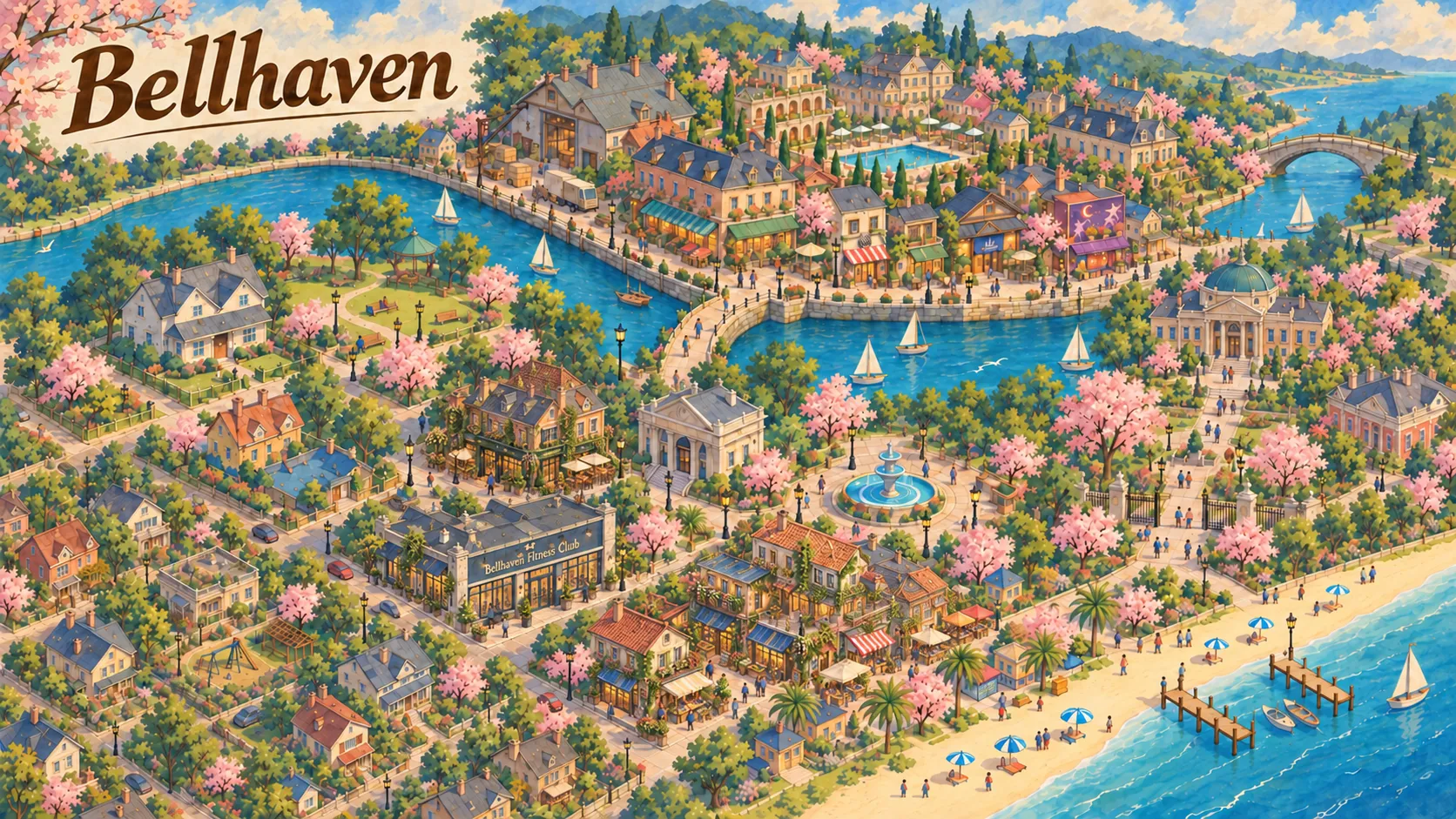 A painterly isometric overview of Bellhaven: canals, a harbour, rooftops and blossom trees