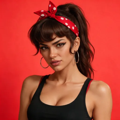 Camila, with dark hair tied back under a red polka-dot bandana and gold hoop earrings, in a black top, against red.