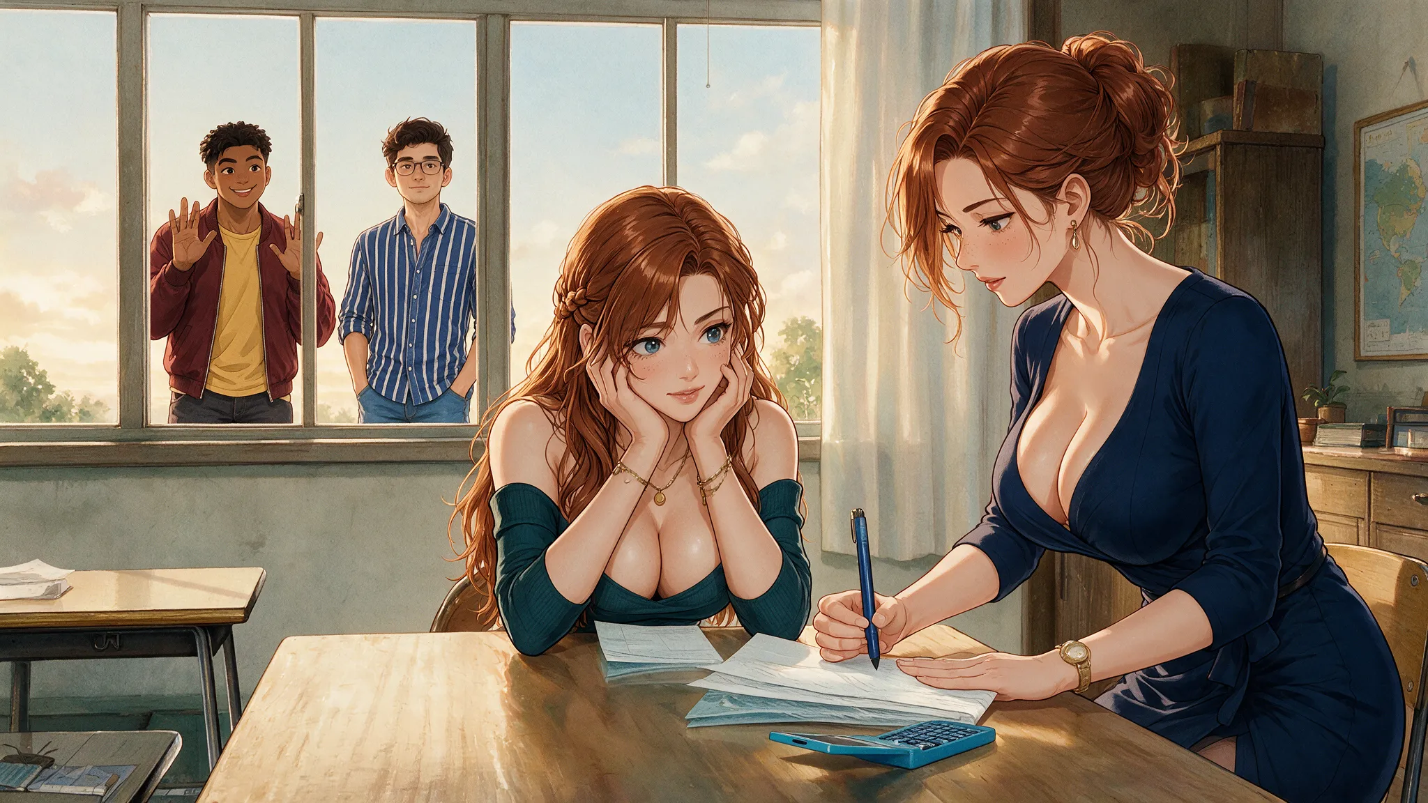 Elara rests her chin on her hands at a desk while an older red-haired woman in navy writes beside her, and Adrian and Milo wave through the window
