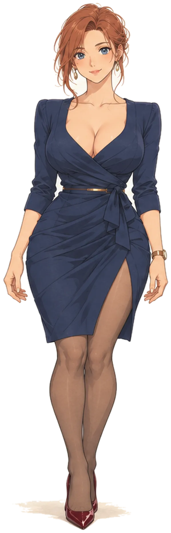 Dean Celeste Quinn, with auburn hair pinned up, in a belted navy wrap dress, sheer tights and red heels.