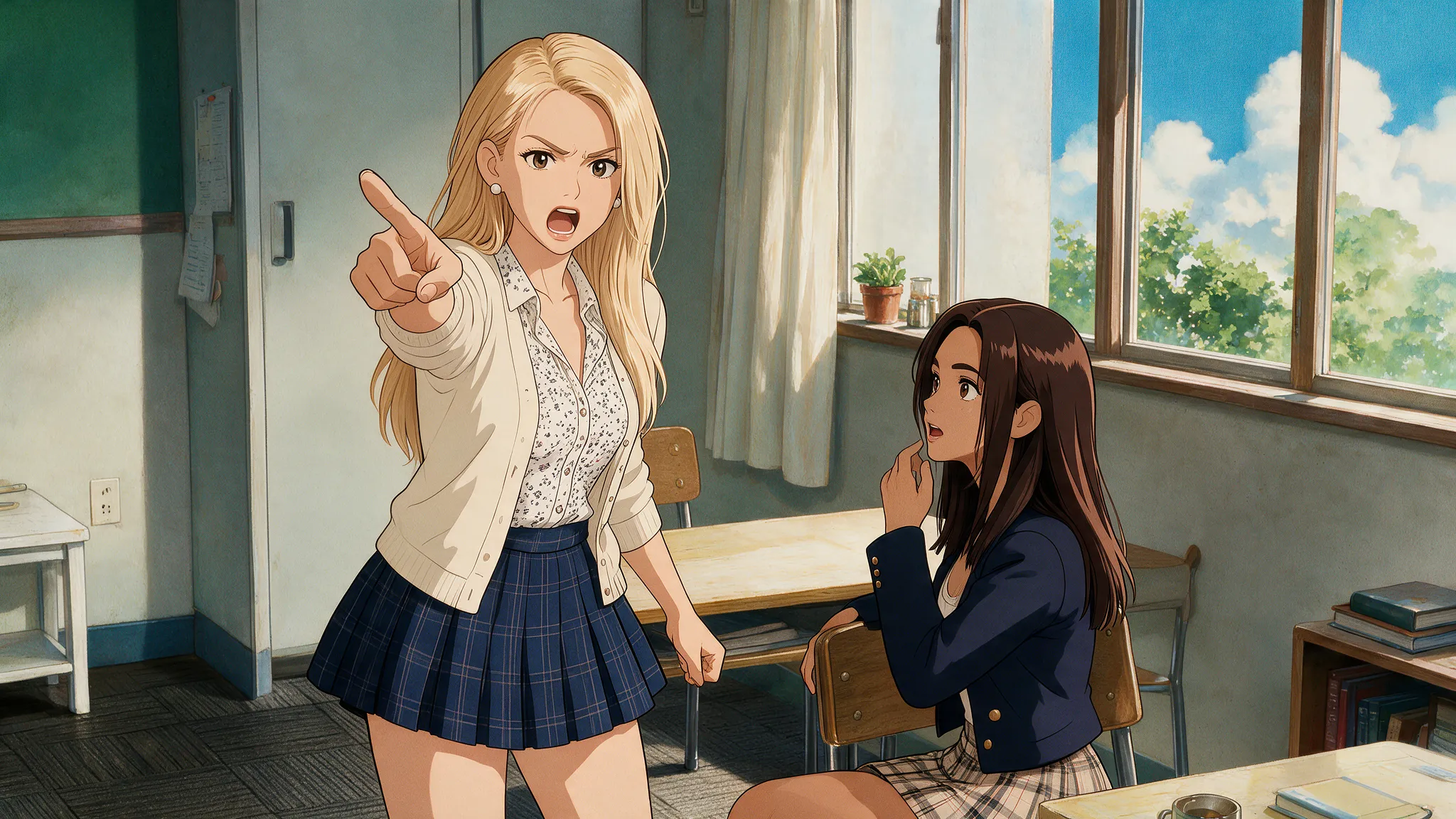 Chloe and Zoe in the classroom: a blonde student in a cardigan points and shouts while a dark-haired student in a navy blazer sits at a desk