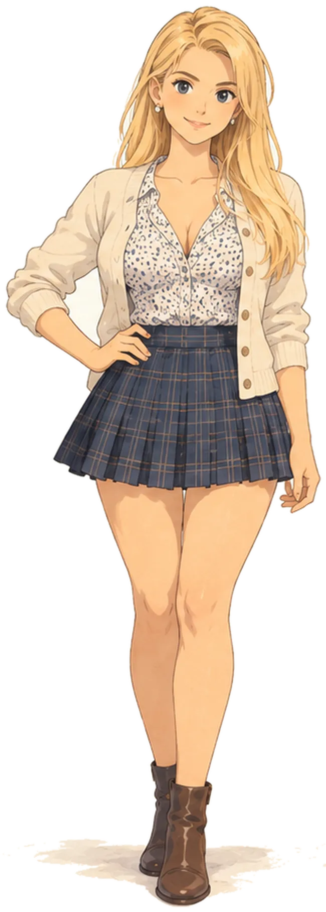 Chloe, with long blonde hair, in a cream cardigan over a floral blouse, a navy pleated skirt and ankle boots.