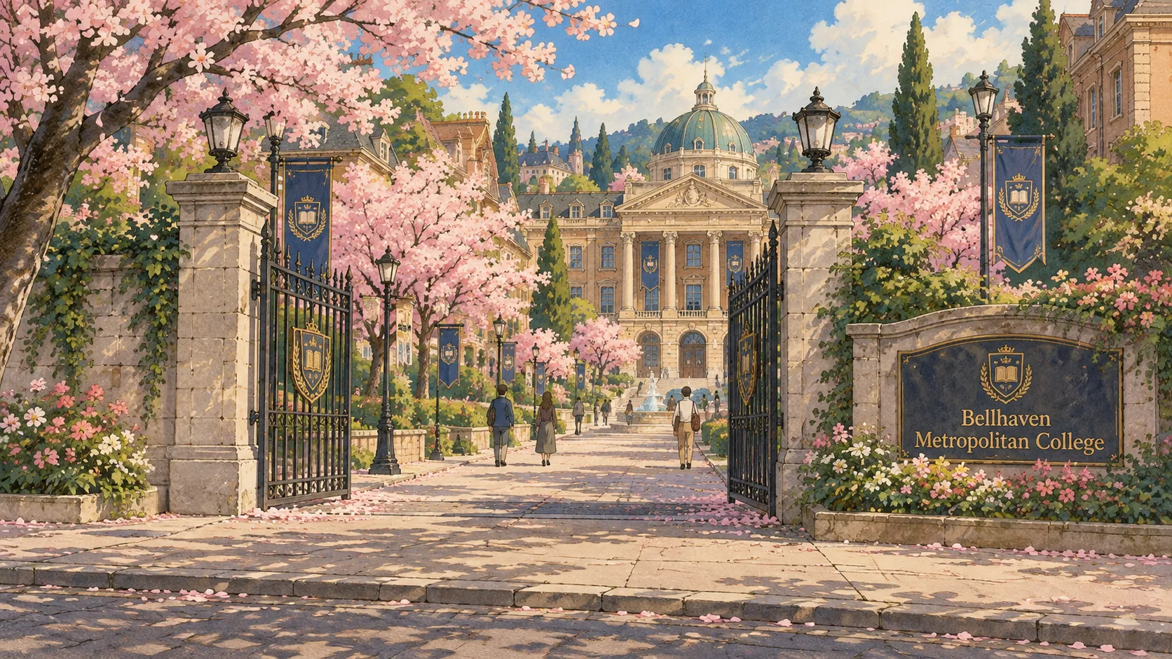 A painted scene from Second Semester: cherry blossoms frame the iron gates of Bellhaven Metropolitan College, with students walking up a sunlit path towards a domed hall.