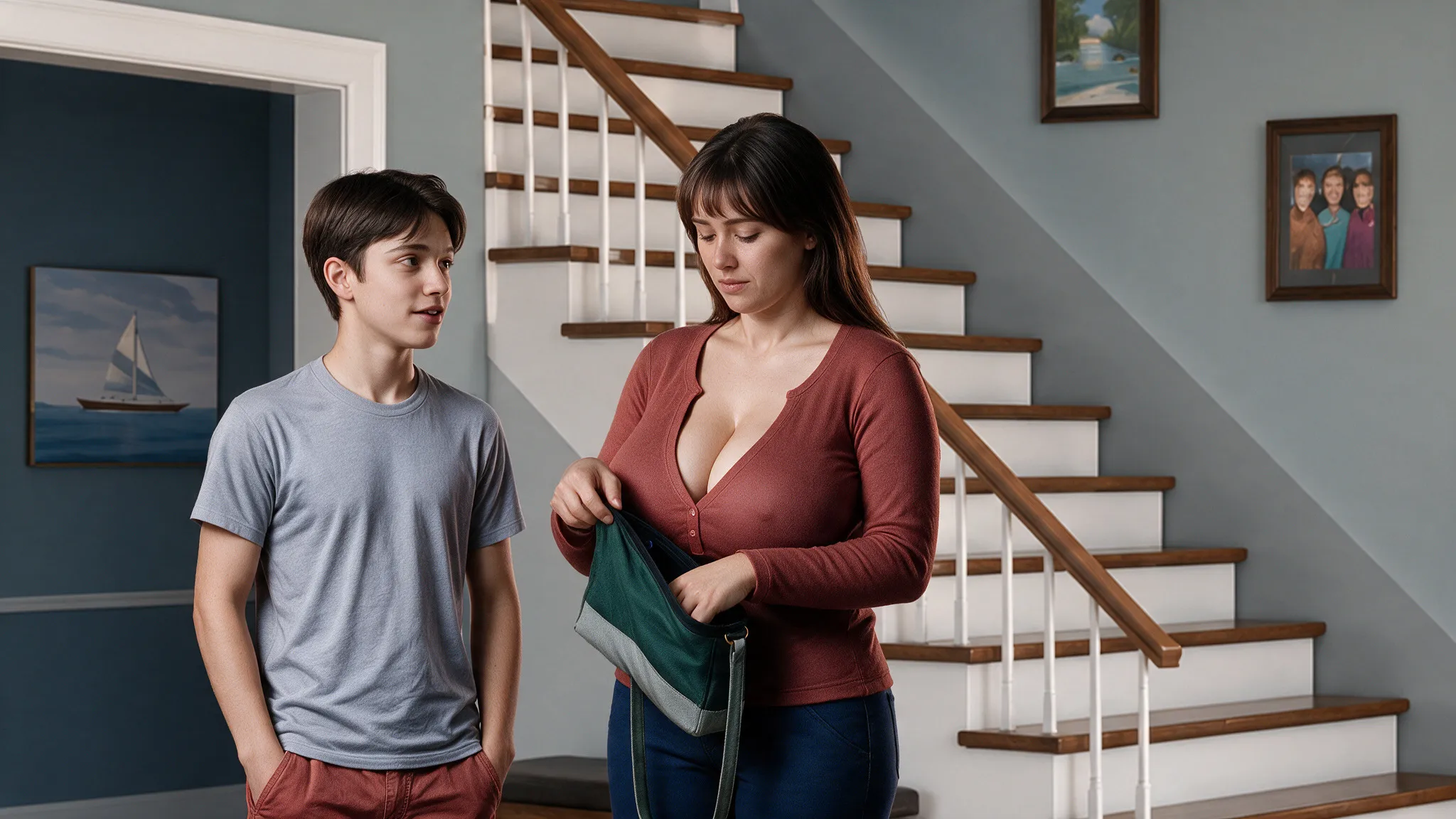 Debbie, in a red cardigan, looks into a green bag at the foot of the stairs while Anon talks to her