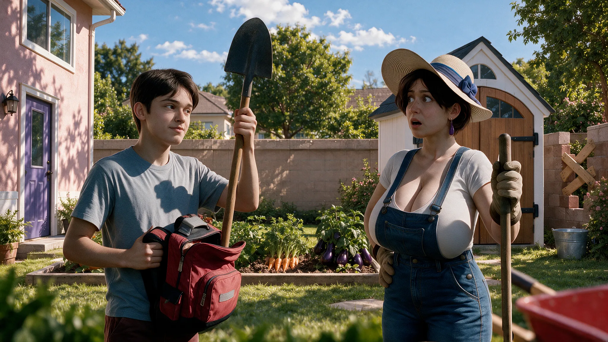 Diane, in a sun hat and denim overalls, holds a rake in her vegetable garden as Anon lifts a shovel and a red bag