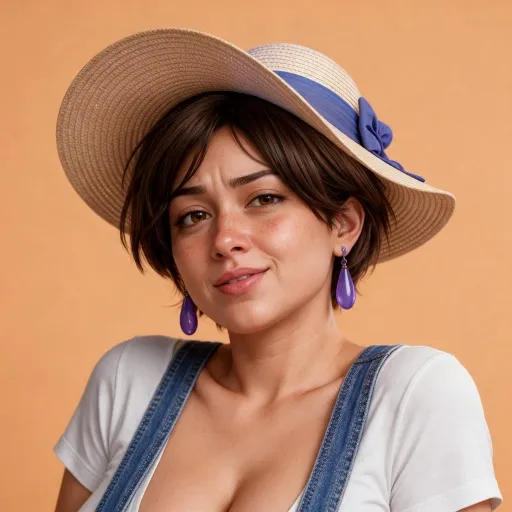 Diane, in a wide straw sun hat, a white T-shirt and denim dungarees, against peach.