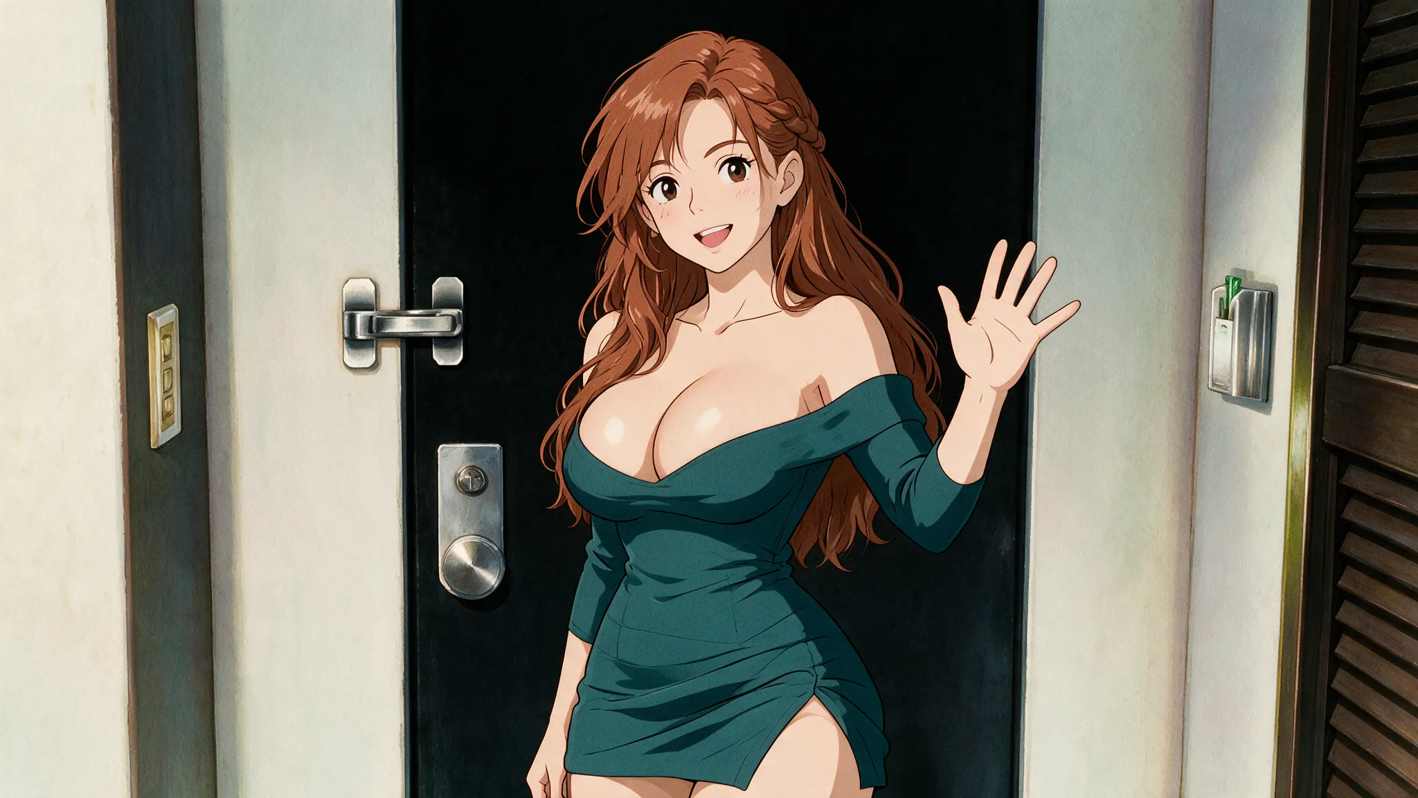 Elara, red-haired in a green off-shoulder dress, smiles and waves from an apartment doorway