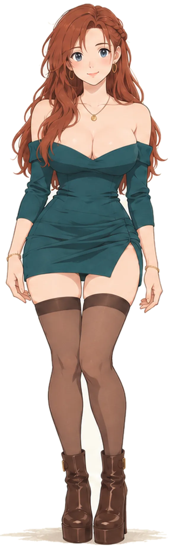 Elara, with long wavy red hair, in an off-the-shoulder teal dress, dark stockings and brown heeled boots.