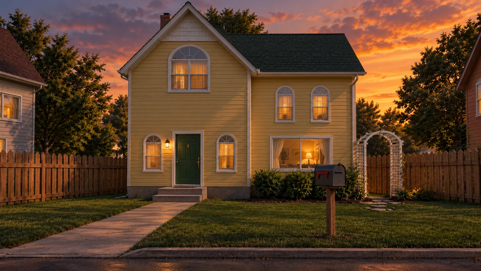 Erik’s house against an orange sunset