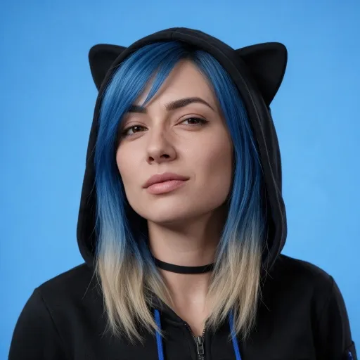 Eve, with blue and blonde hair under a black hood with cat ears, wearing a choker, against blue.