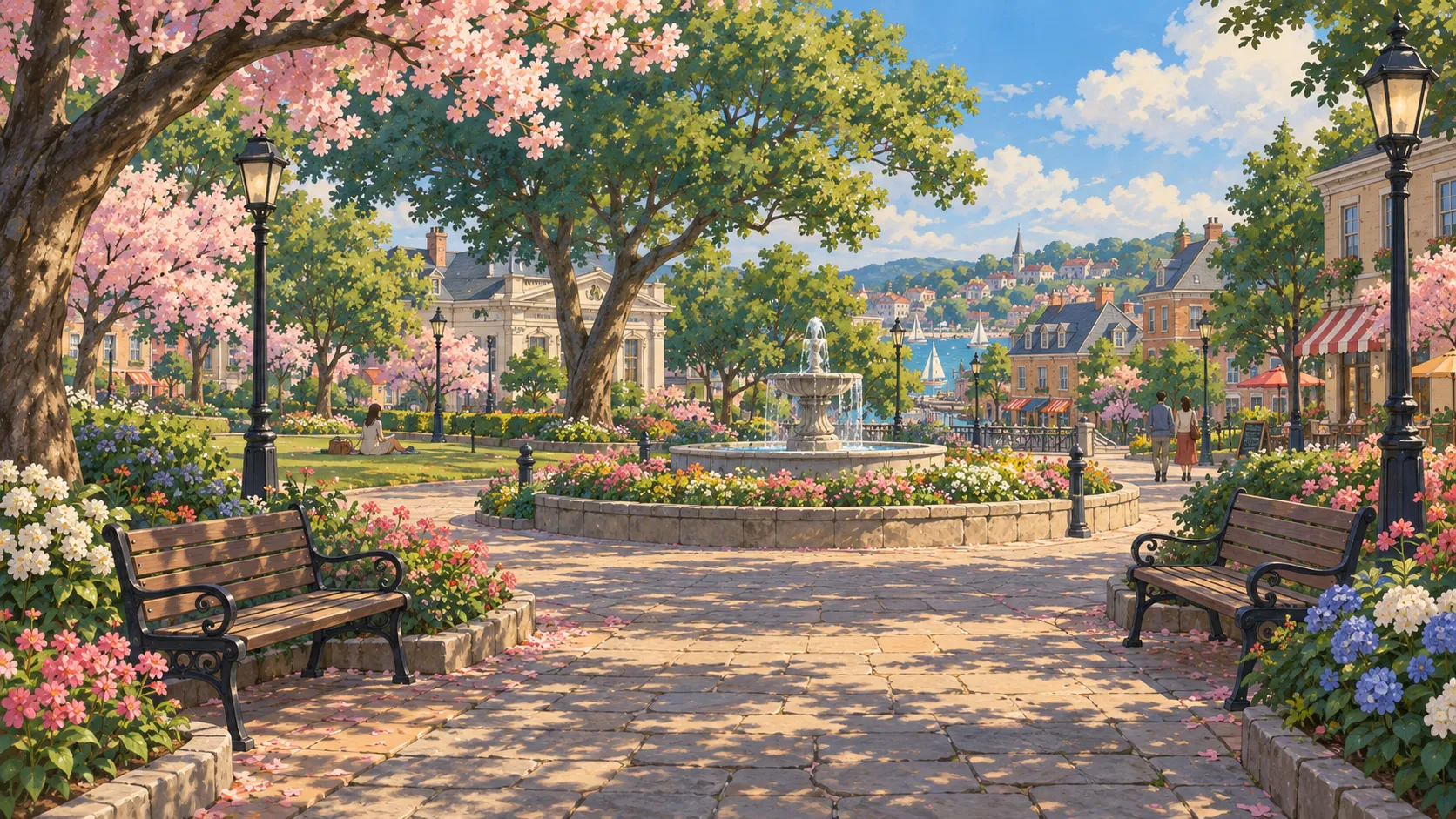 Fountain Square framed by a large tree and cherry blossoms