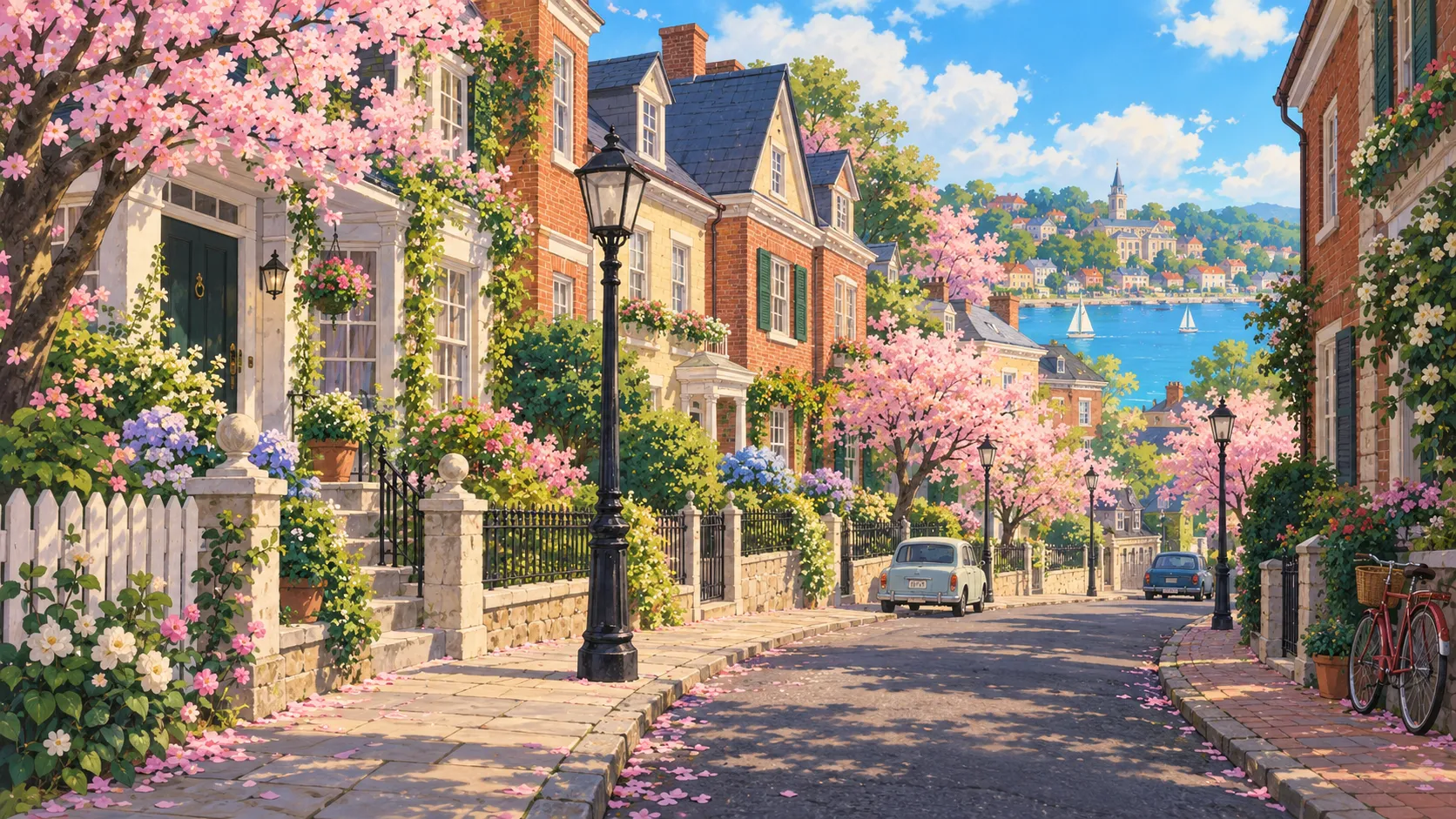A sloping street of brick townhouses and cherry trees leading down to Bellhaven harbour