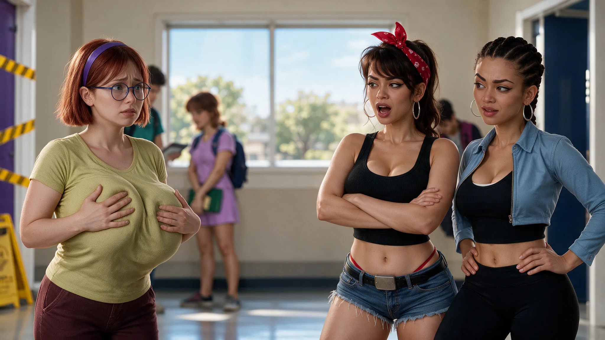 Judith, red-haired in glasses and a green top, looks worried as Camila, in a red bandana, and Val, in a denim jacket, confront her in the school hallway