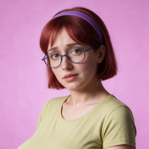 Judith, with a short red bob, a purple headband and round glasses, in a pale yellow T-shirt, against pink.