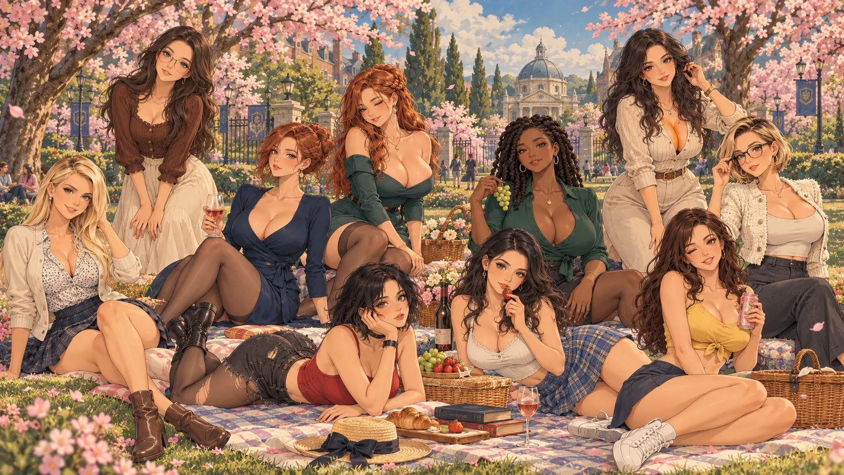 Second Semester’s cast of Bellhaven girls at a picnic under cherry blossoms