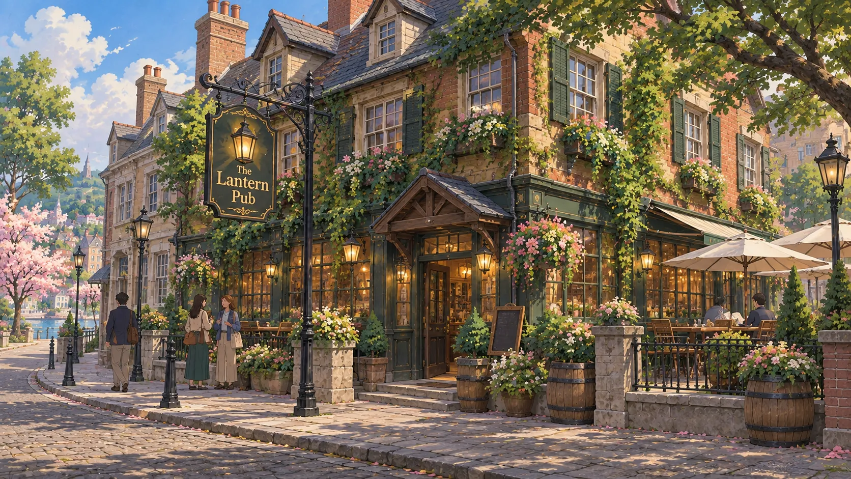 The Lantern Pub, an ivy-covered brick pub with a hanging lantern sign