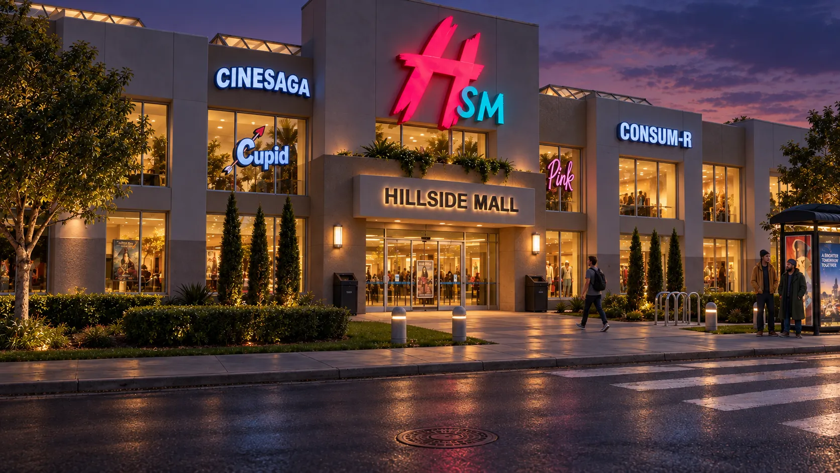 Hillside Mall at dusk, its storefront signs lit