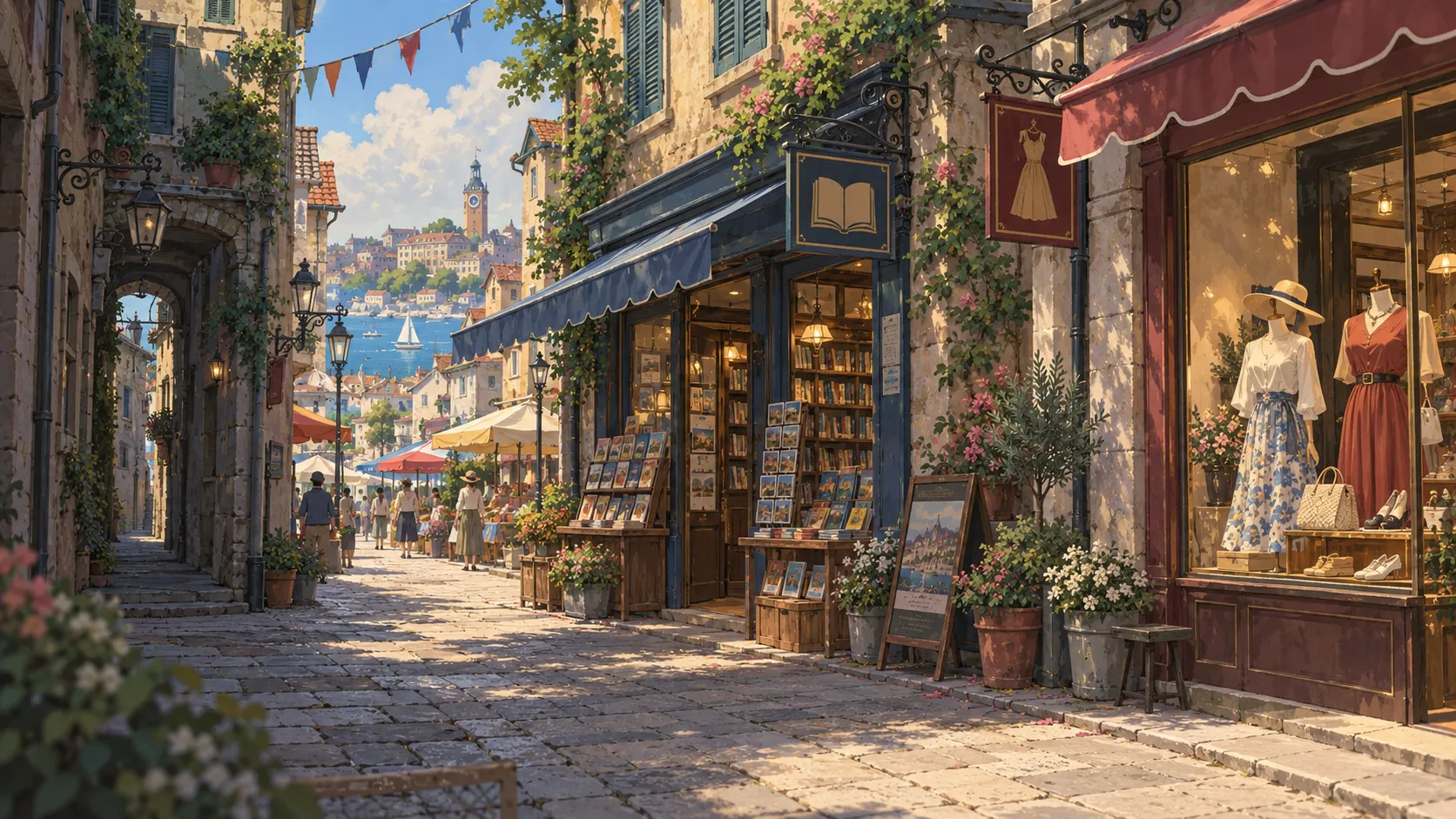 A sunlit cobbled market lane with a bookshop and market umbrellas