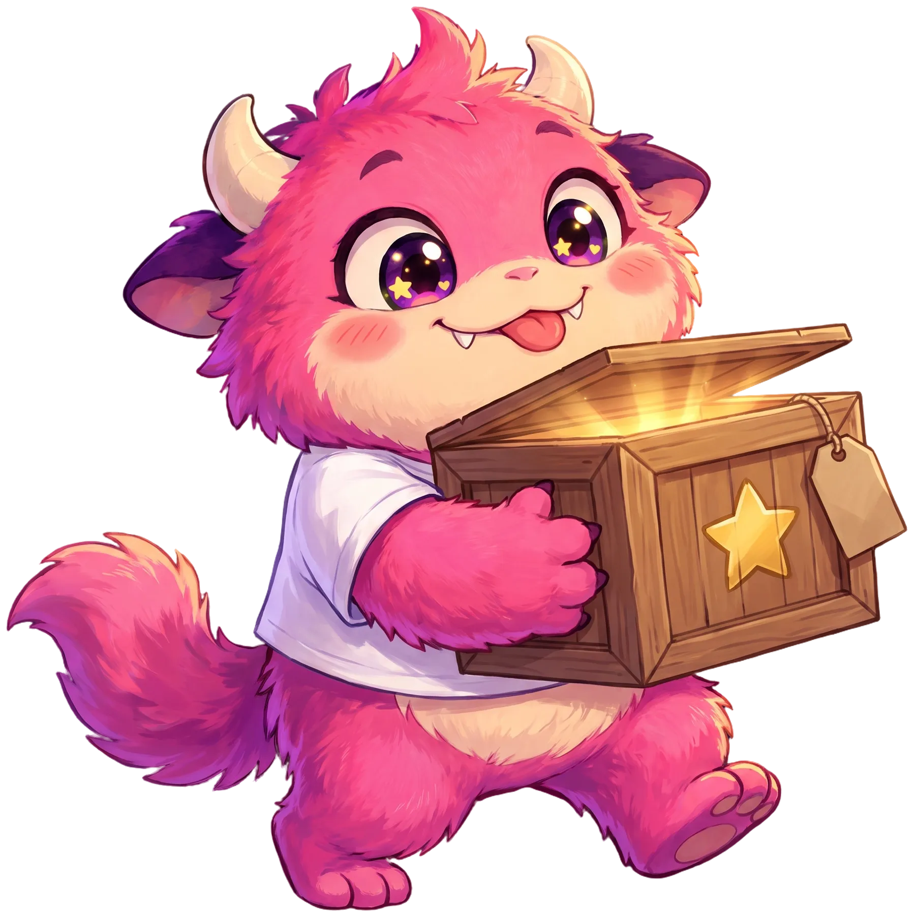 The RealBite mascot, a fluffy pink monster in a white T-shirt, walking along a twilight clifftop carrying a wooden crate with a glowing gold star on it.