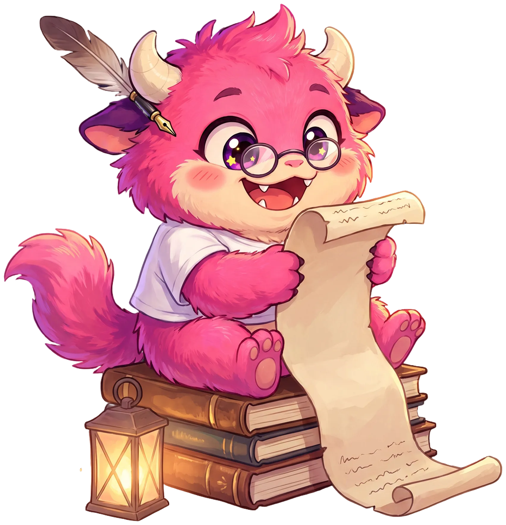 The RealBite mascot reading a long scroll, perched on a stack of books beside a lantern