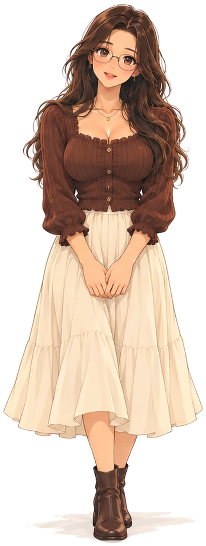 Mina, with long brown hair and round glasses, in a brown blouse, a long cream skirt and ankle boots.