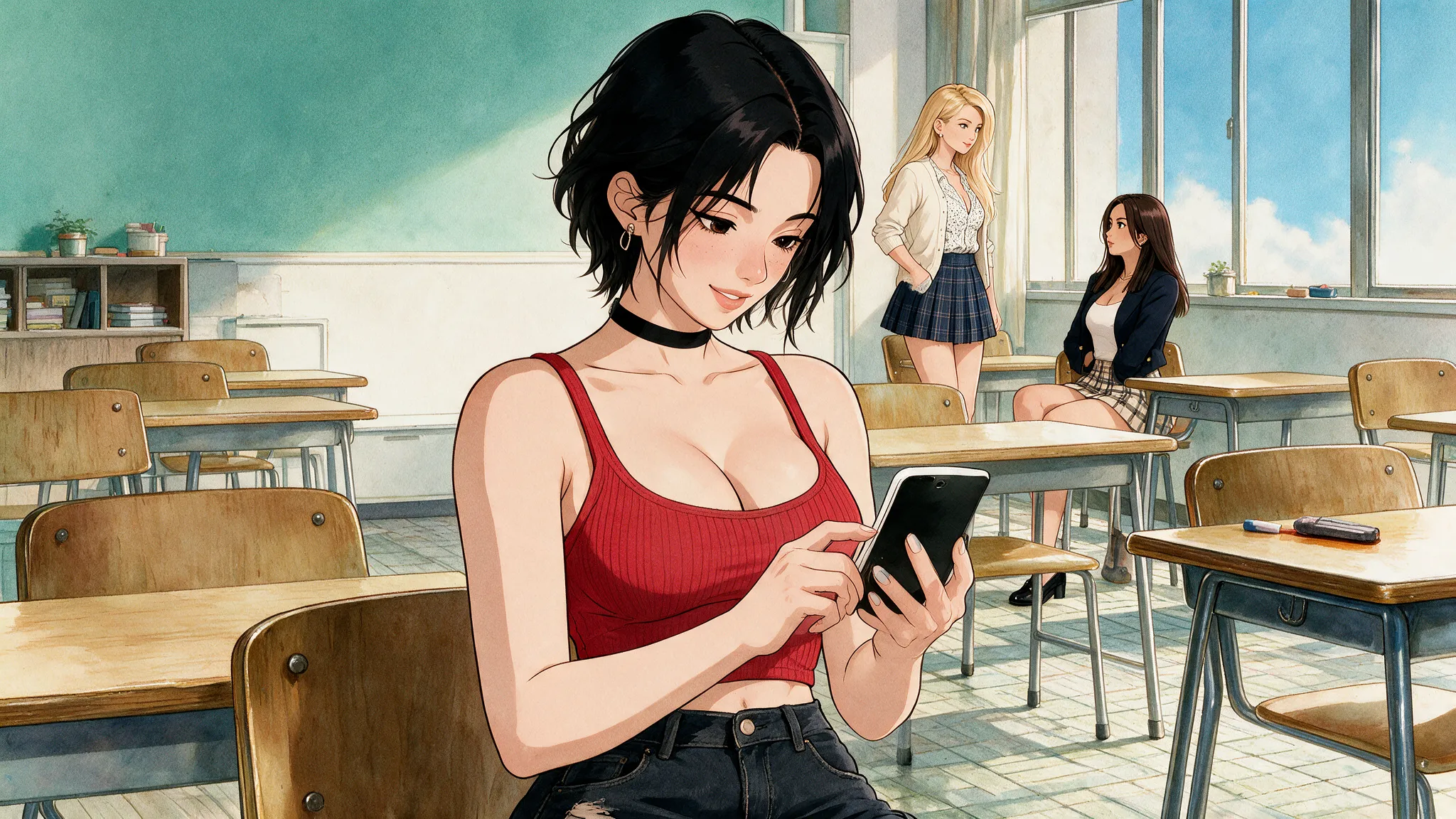 Nora, short black hair and a red top, smiles at her phone in a sunlit classroom while two classmates talk by the window
