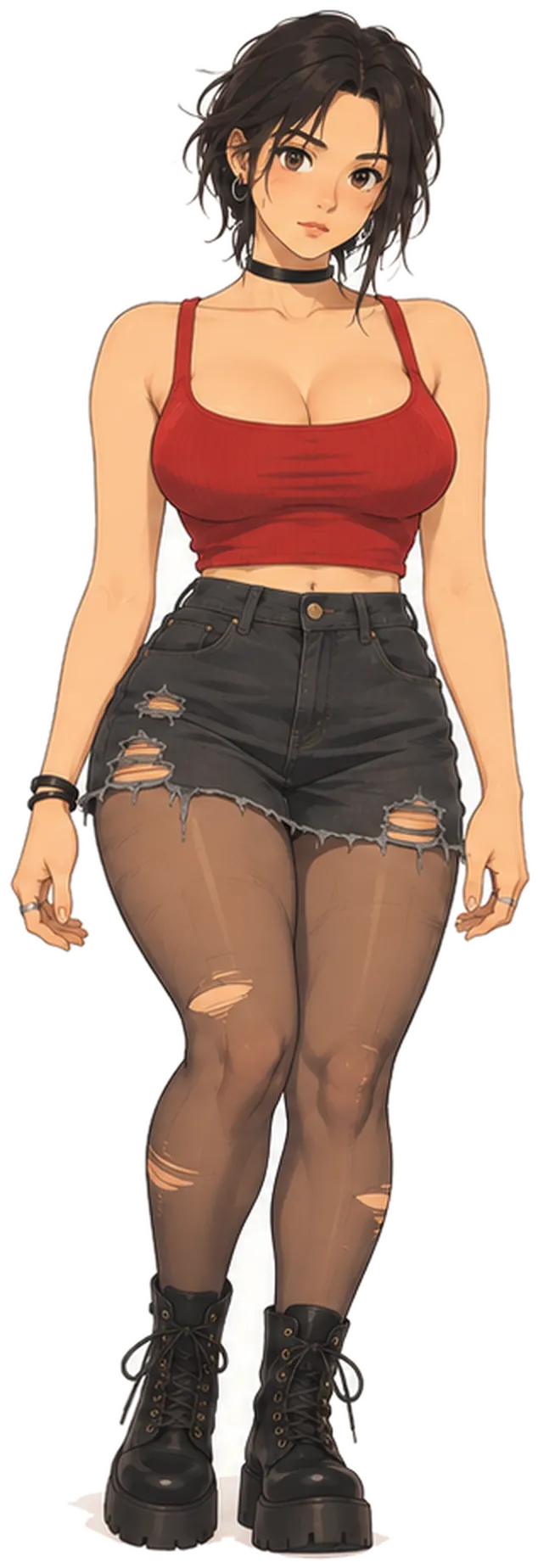 Nora, with short dark hair and a choker, in a red top, ripped denim shorts over dark tights and black boots.