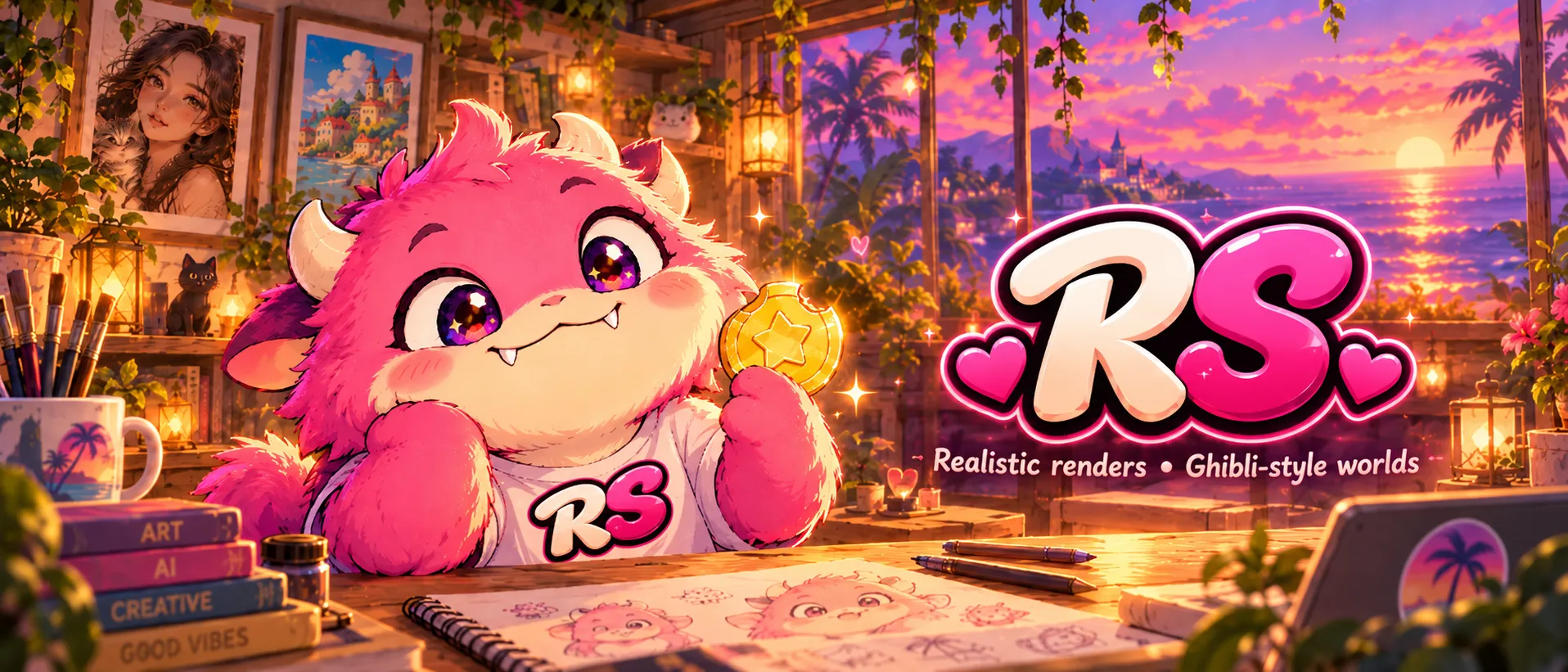 RealBite’s Patreon banner: the pink mascot at a lantern-lit desk by a sunset sea, smiling and holding up a gold star coin, beside large “RS” lettering and the line “Realistic renders • Ghibli-style worlds”.
