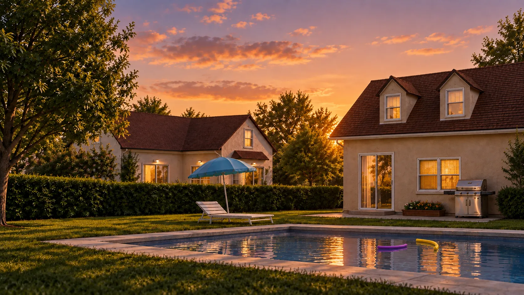 The backyard pool at sunset