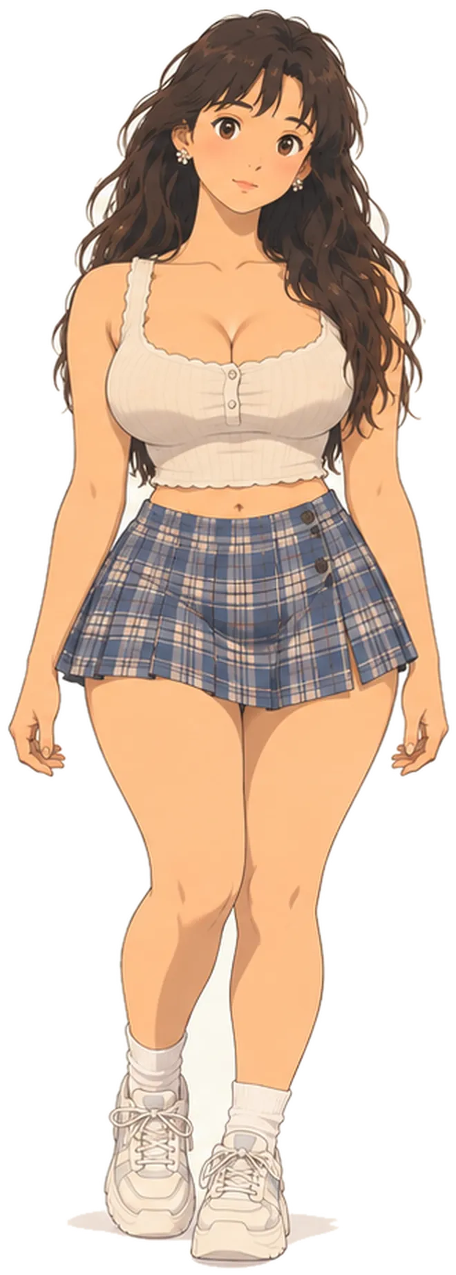 Priya, with long dark wavy hair, in a cream crop top, a blue plaid skirt and white trainers.