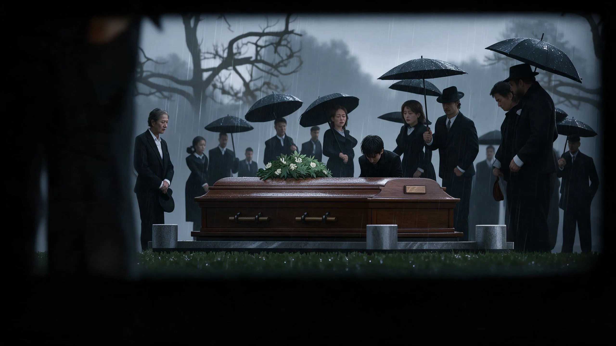 The rainy funeral from the prologue, mourners under umbrellas
