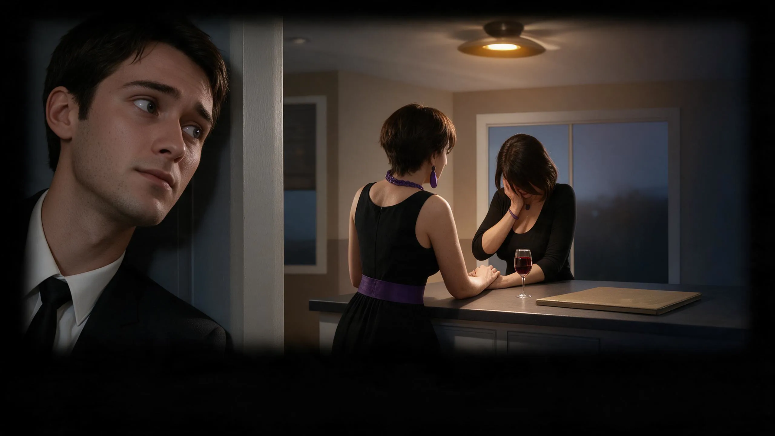 Prologue: a young man listens from a doorway in a dim kitchen