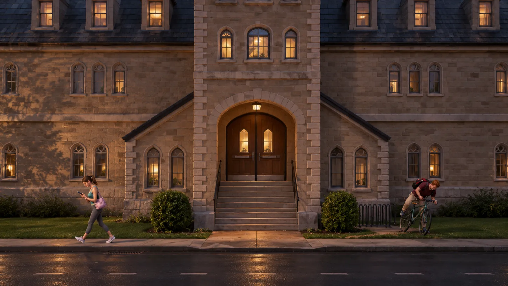 The school’s stone facade at dusk with lit arched windows