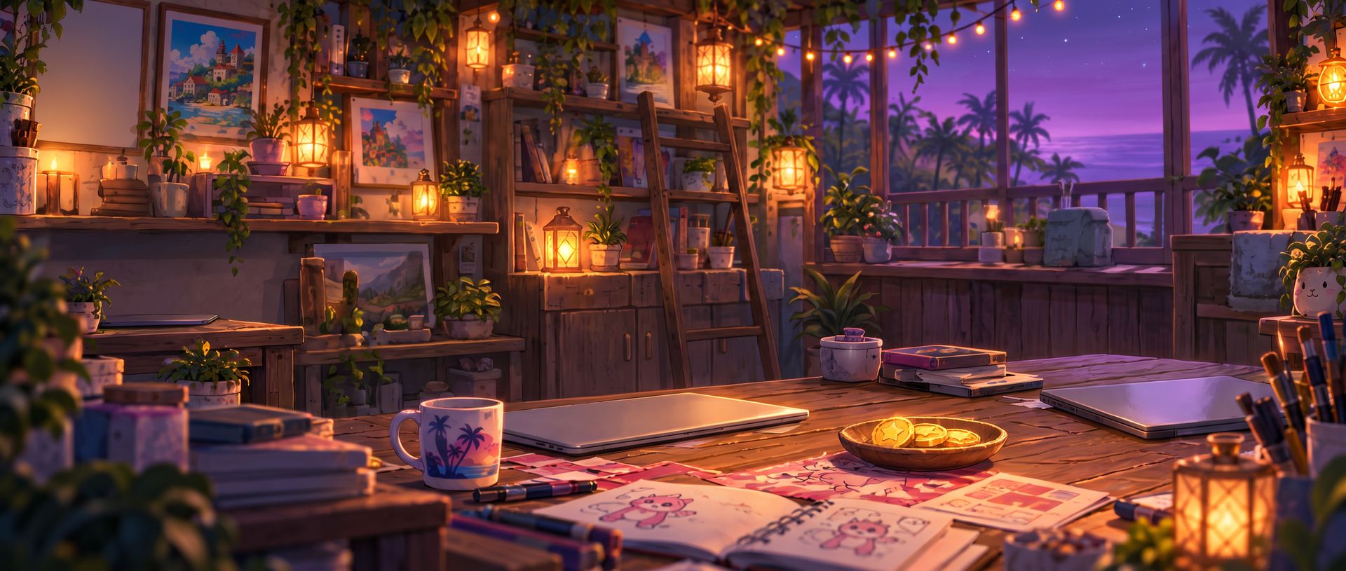 A painted studio at dusk: a wooden desk scattered with sketchbooks, a laptop, a mug and a bowl of gold star coins, lit by paper lanterns, with a window open onto palm trees and a violet sea.