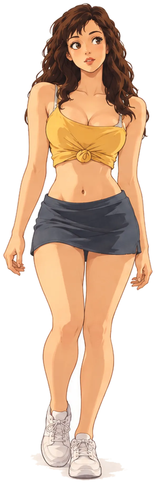 Tessa, with long brown curls, in a mustard top knotted at the front, a denim skirt and white trainers.