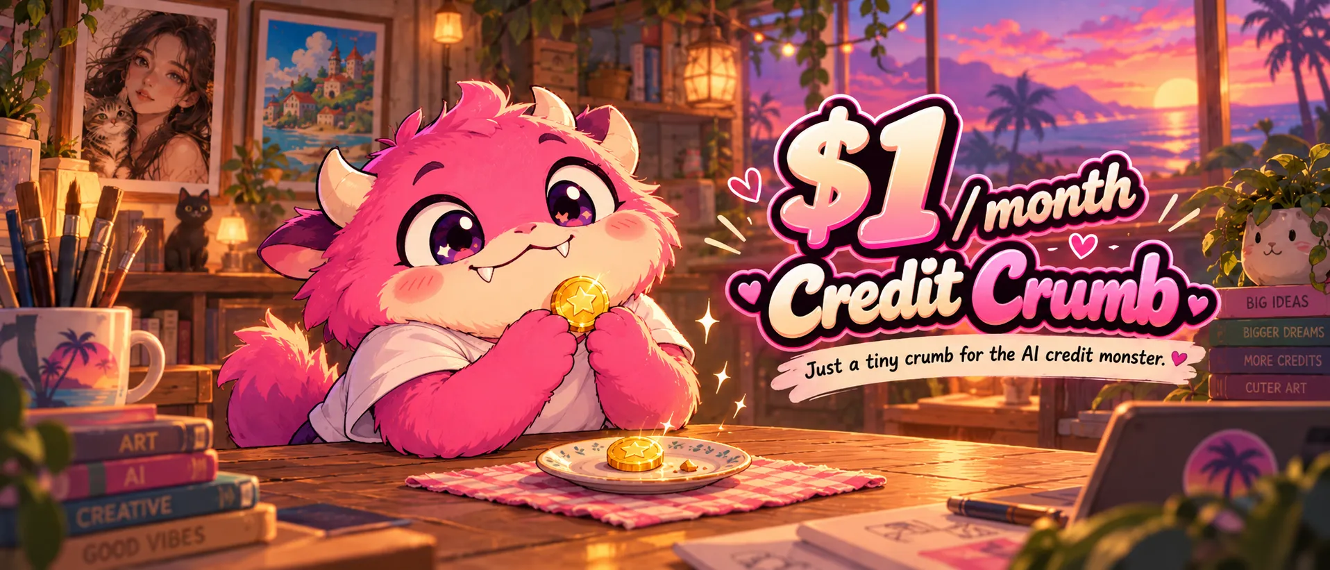 The Credit Crumb banner: the RealBite mascot with gold star coins, $1 a month