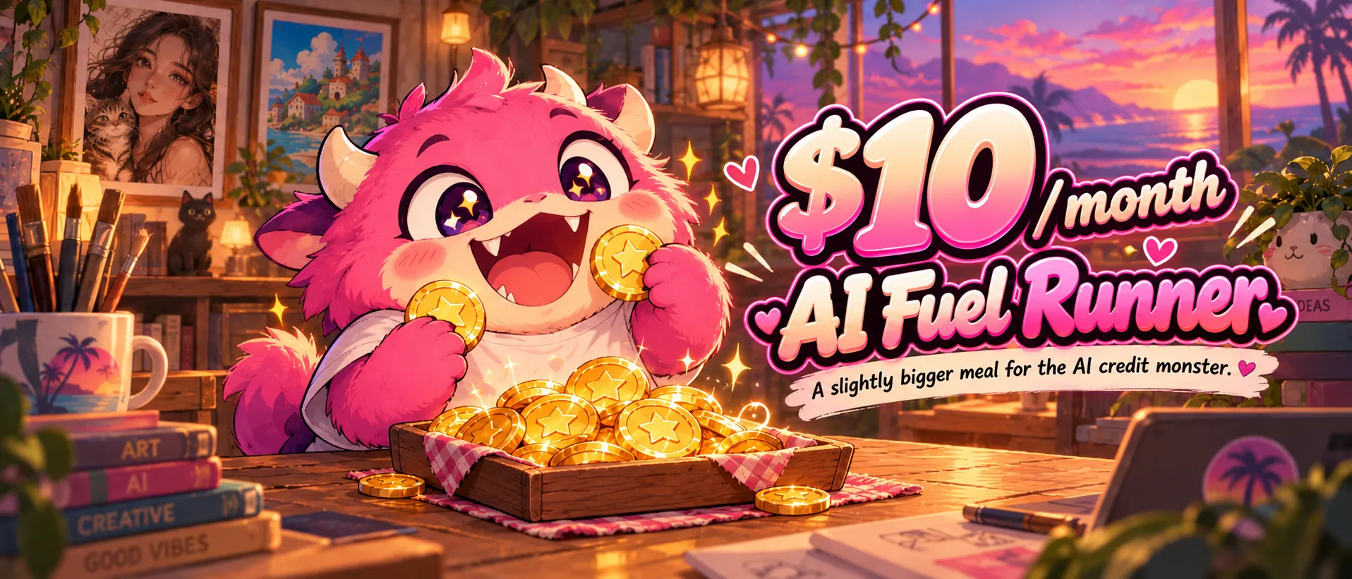 The AI Fuel Runner banner: the RealBite mascot with gold star coins, $10 a month