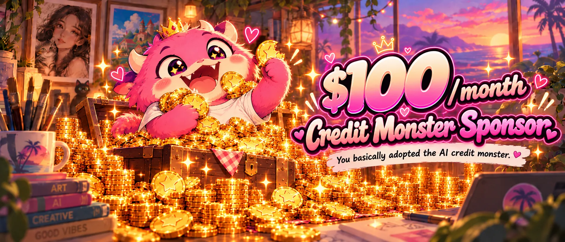The Credit Monster Sponsor banner: the RealBite mascot with gold star coins, $100 a month