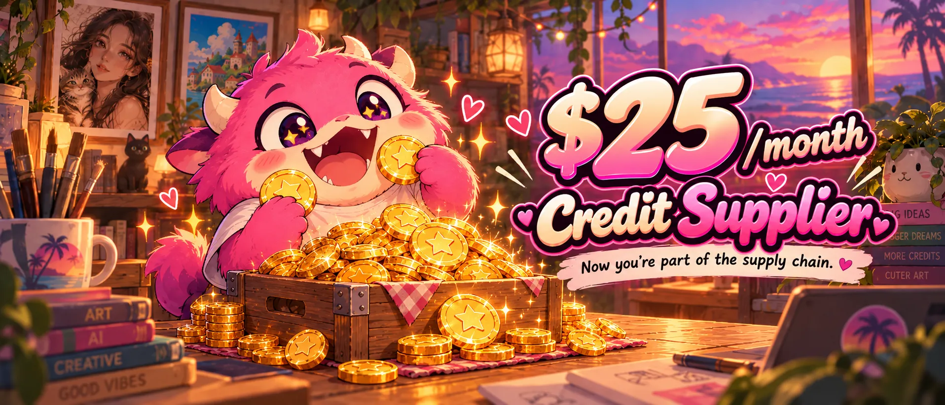 The Credit Supplier banner: the RealBite mascot with gold star coins, $25 a month