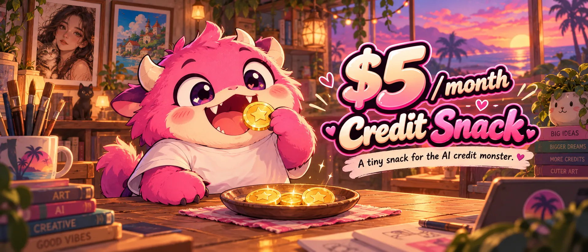 The Credit Snack banner: the RealBite mascot with gold star coins, $5 a month