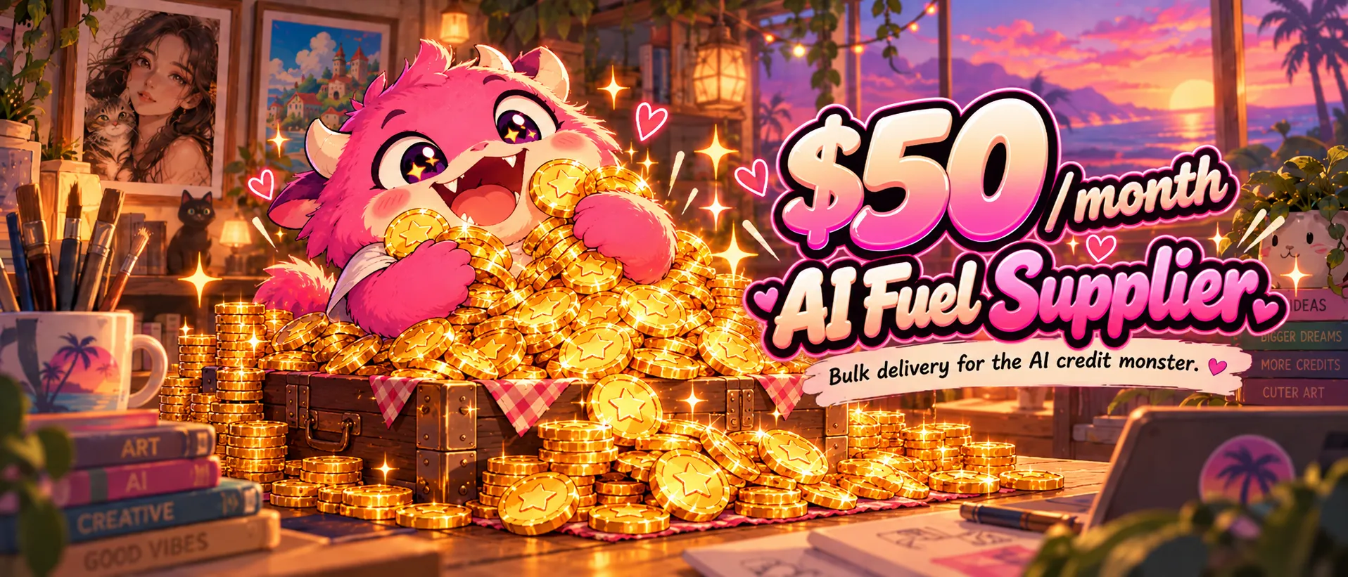 The AI Fuel Supplier banner: the RealBite mascot with gold star coins, $50 a month