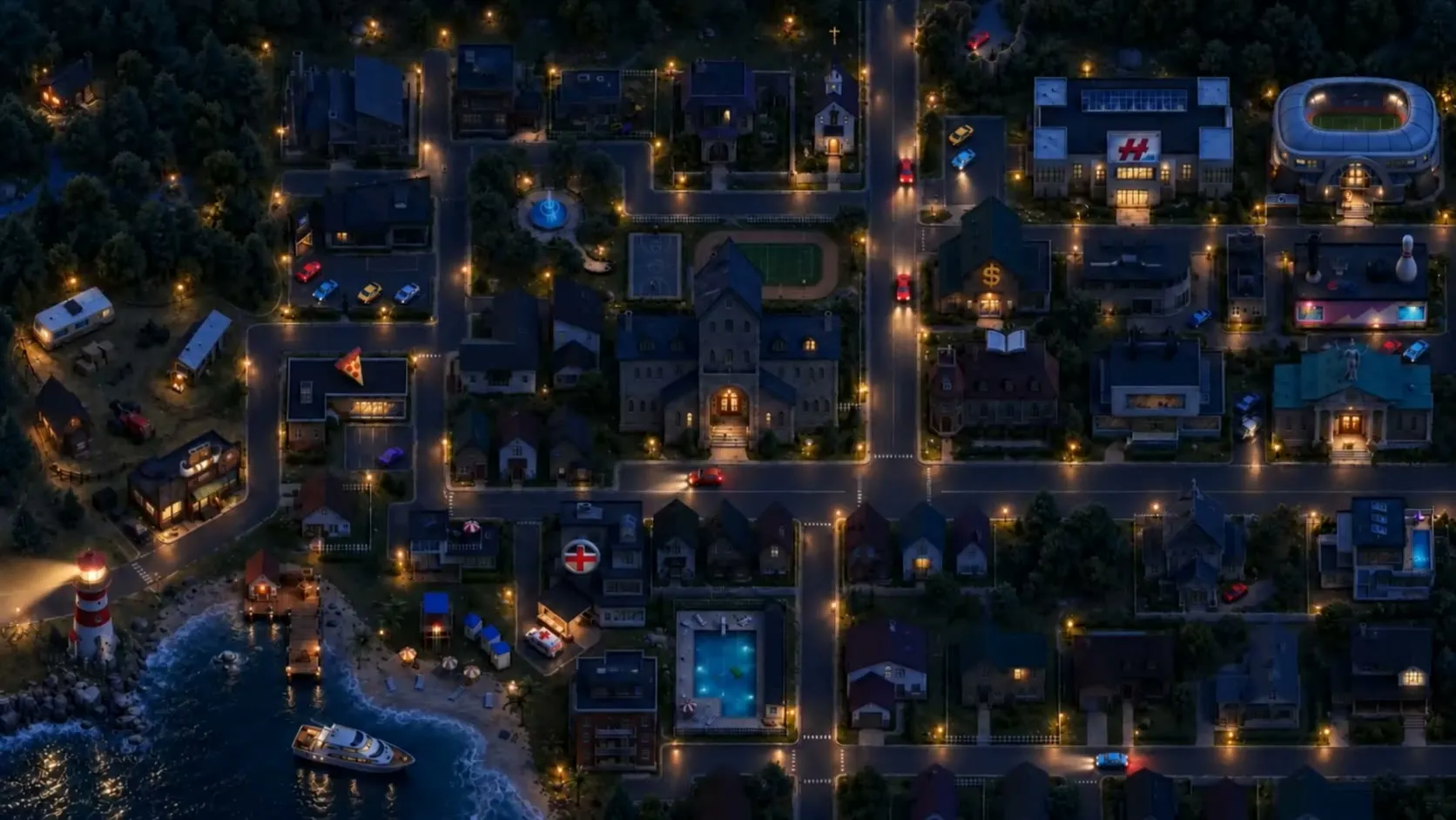 The remake’s town map at night, streets dotted with lamp light