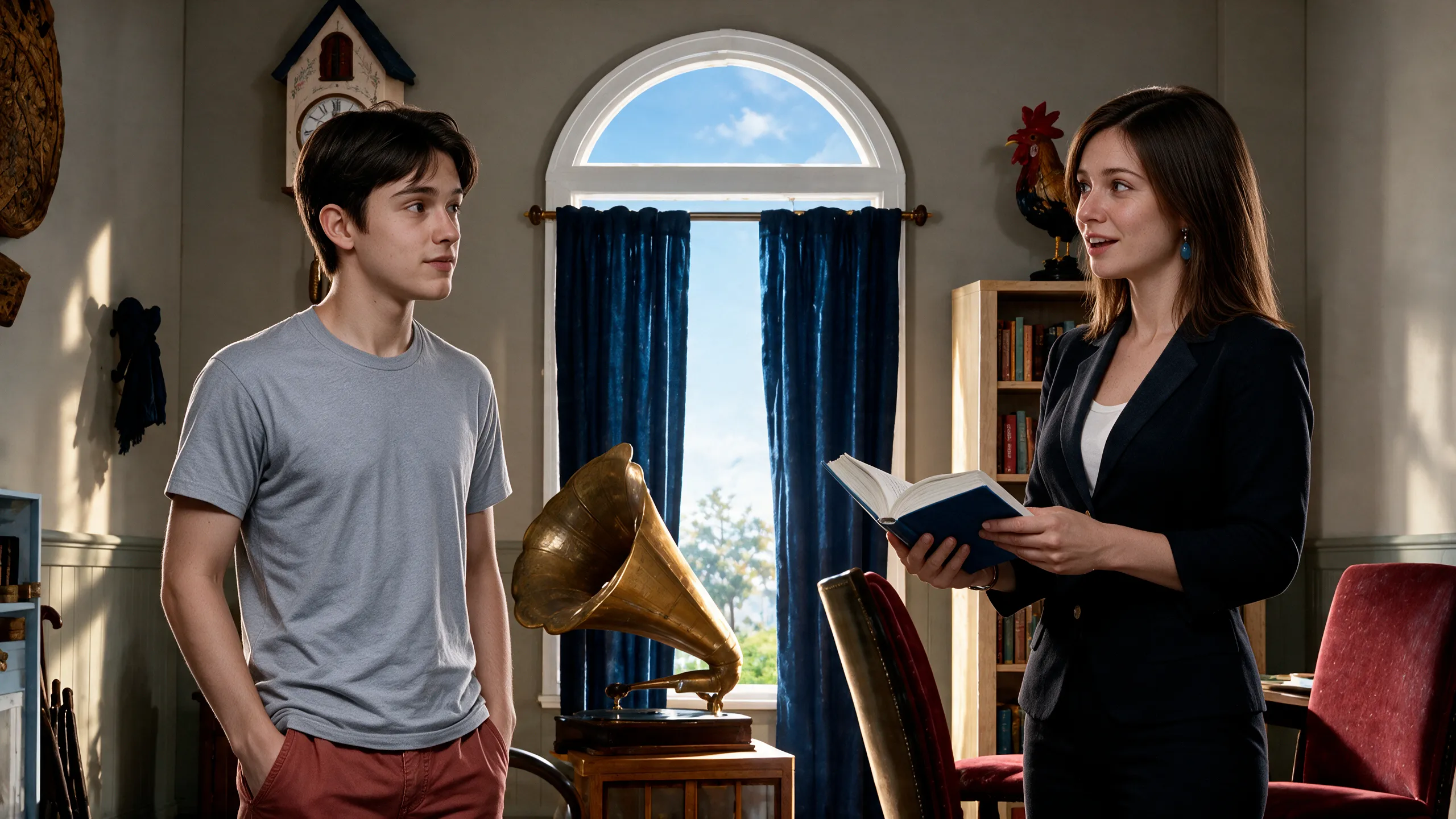 Vivienne, in a black blazer, reads from a book to Anon in her office, beside a gramophone and an arched window