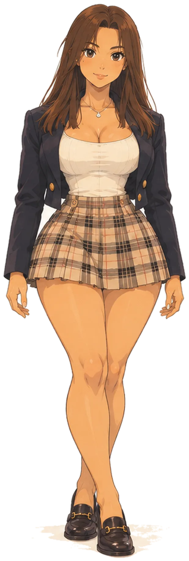 Zoe, with long brown hair, in a navy blazer, a cream top, a plaid skirt and loafers.